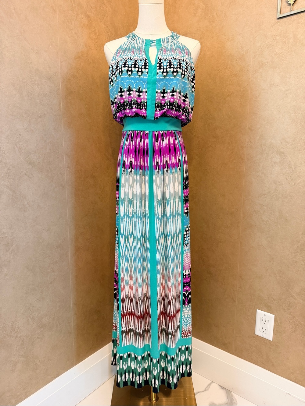 London Times Teal, Magenta and Black Printed Maxi Dress